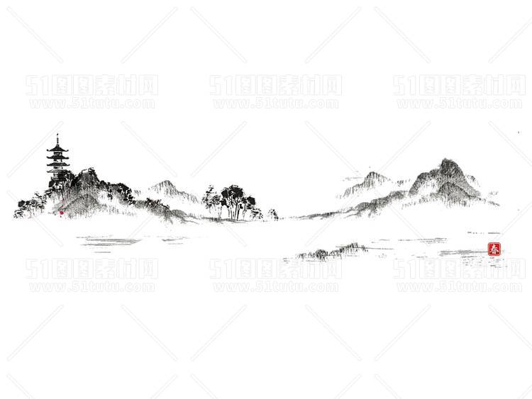 中国风景上水图笔墨画PNG免扣图背景透明图23110600005