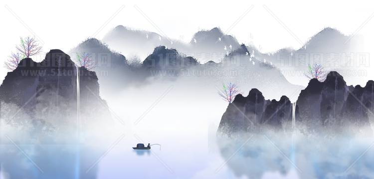 中国风景上水图笔墨画PNG免扣图背景透明图23110600039