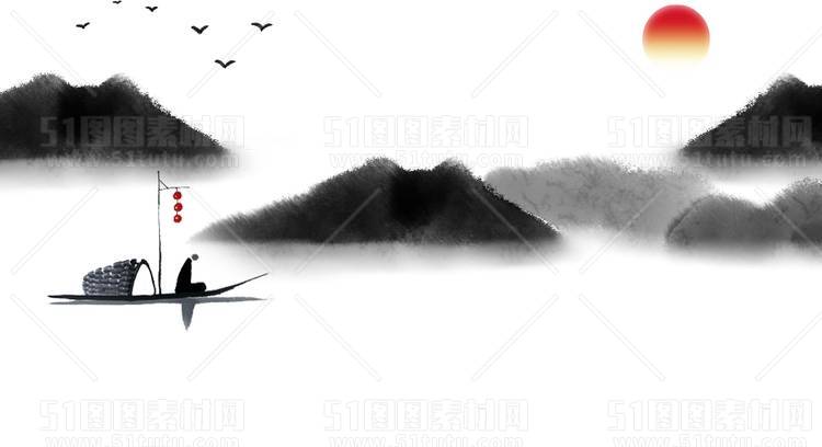 中国风景上水图笔墨画PNG免扣图背景透明图23110600049