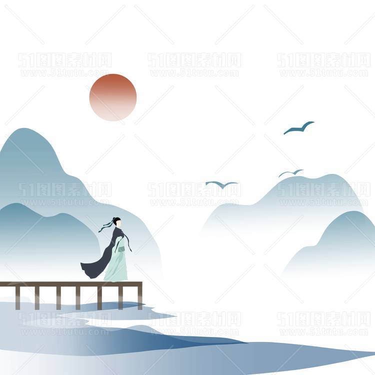 中国风景上水图笔墨画PNG免扣图背景透明图23110600080