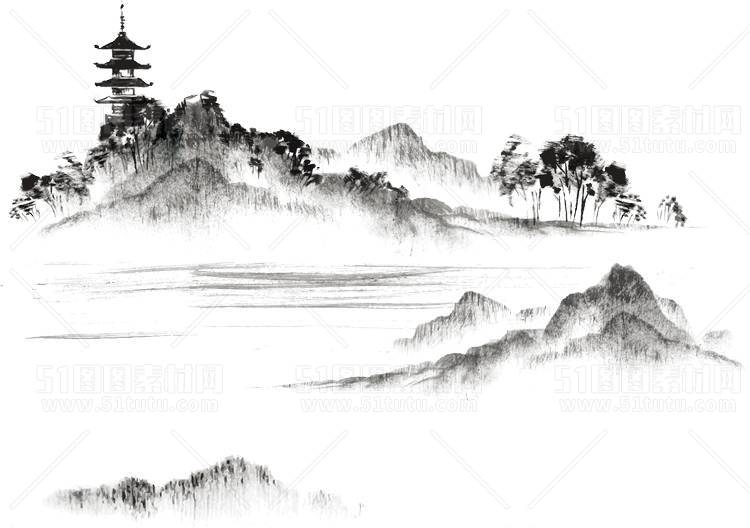 中国风景上水图笔墨画PNG免扣图背景透明图23110600085
