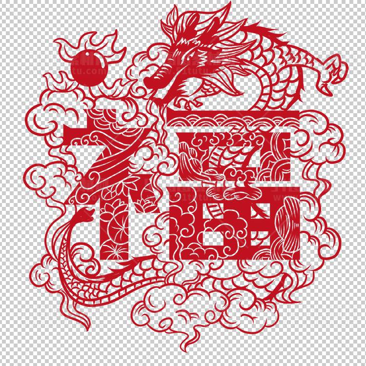 中国风古典龙凤剪纸PNG免抠图透明背景00263