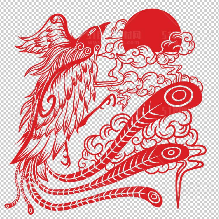 中国风古典龙凤剪纸PNG免抠图透明背景00337