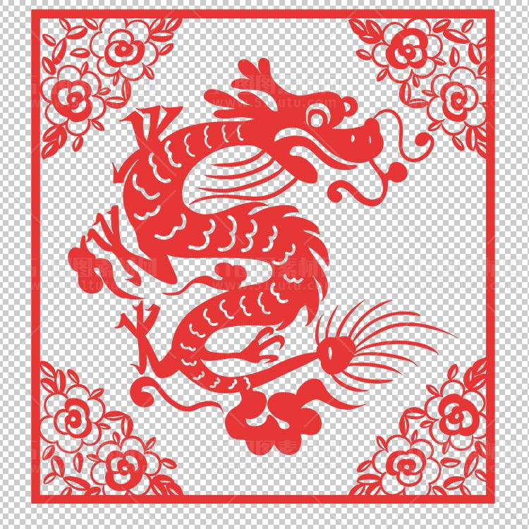 中国风古典龙凤剪纸PNG免抠图透明背景00380